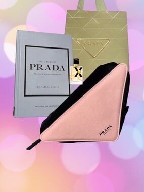 Prada Pink and Black Triangle Pouch , Prada book, gift bag, and YSL surprise